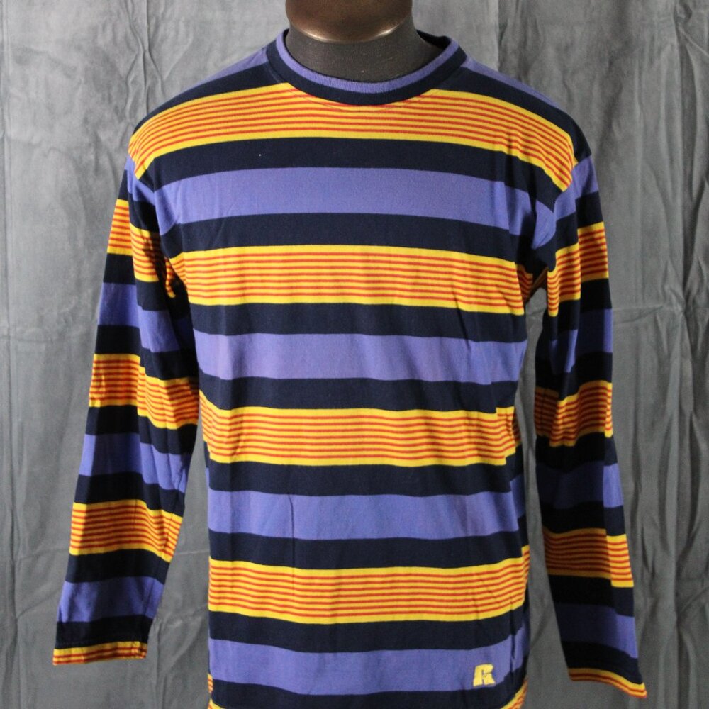 Vintage Longsleeve Shirt - Multi Colour Stripe Pattern Russell Athletic - Mens L